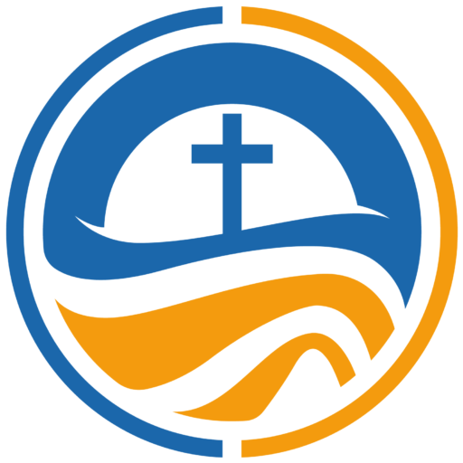 Church Workers Logo made of a circle and a cross with wavy sea below it